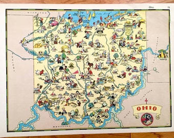 Antique 1938 Ohio State Map from Our Gay Geography by Ruth Taylor – Columbus, Cleveland, Cincinnati, Akron, Dayton, Toledo Cuyahoga Falls OH