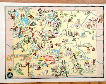 Antique 1935 Wyoming State Map from Our Gay Geography by Ruth Taylor – Jackson Hole, Grand Tetons, Yellowstone National Park, Cheyenne, WY