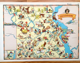Antique 1935 Missouri State Map from Our Gay Geography by Ruth Taylor – Kansas City, St Louis, Springfield, Columbia, Independence, MO