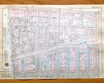 Antique Manhattan, New York Map from Bromley&#39;s 1925 Manhattan Land Book – Greenwich Village, NoHo, Bowery, Alphabet City, Lower East Side