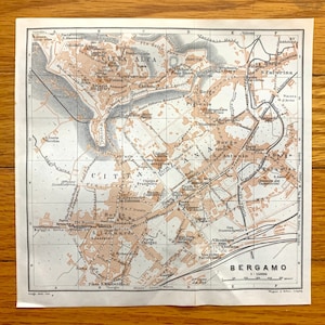 Antigüedades 1913 Bérgamo, Italia Mapa de Baedekers Guide – Lombardía, Citta Alta, Borgo Caterina, Pignolo, Palazzo, Leonardo, Europa, Italia