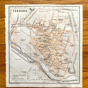 Antik 1913 Ferrara, Italien Karte von Baedekers Guide – Emilia-Romagna, Este Castle, San Giorgio, Diamanti Palace, Darsena, Po, Piazza