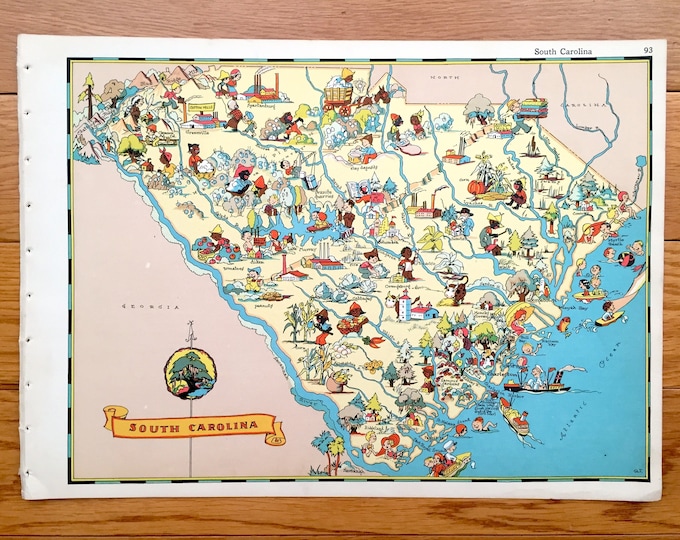Antique 1935 South Carolina State Map From Our Gay Geography by Ruth ...