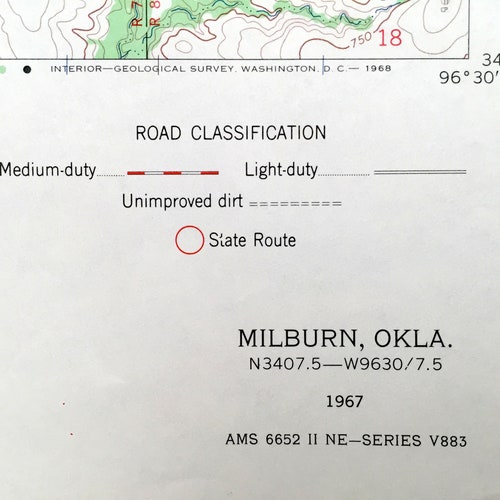 Antique Milburn, Oklahoma 1967 US Geological Survey Topographic Map Marshall, Johnston County