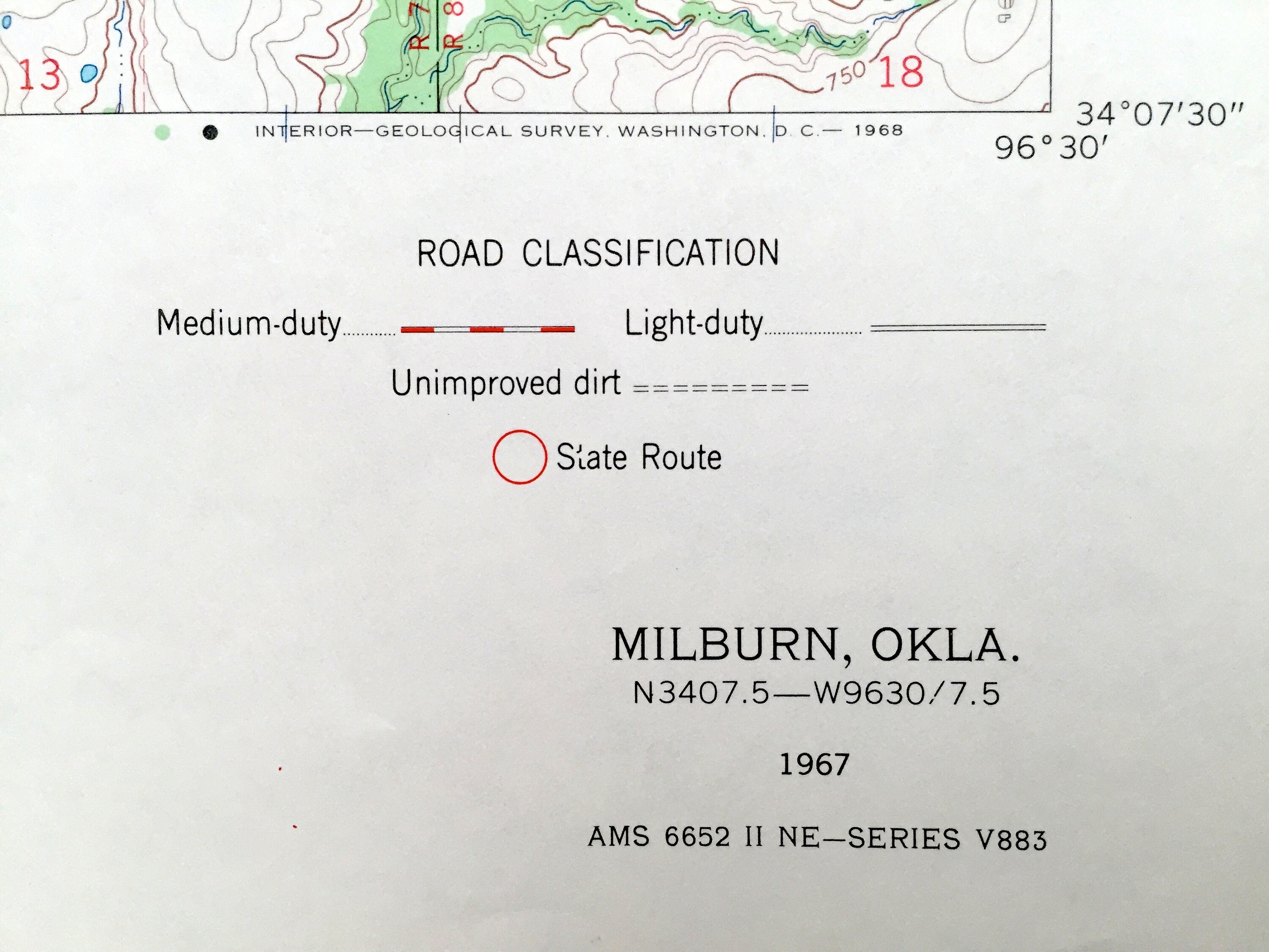 Antique Milburn, Oklahoma 1967 US Geological Survey Topographic Map Marshall, Johnston County