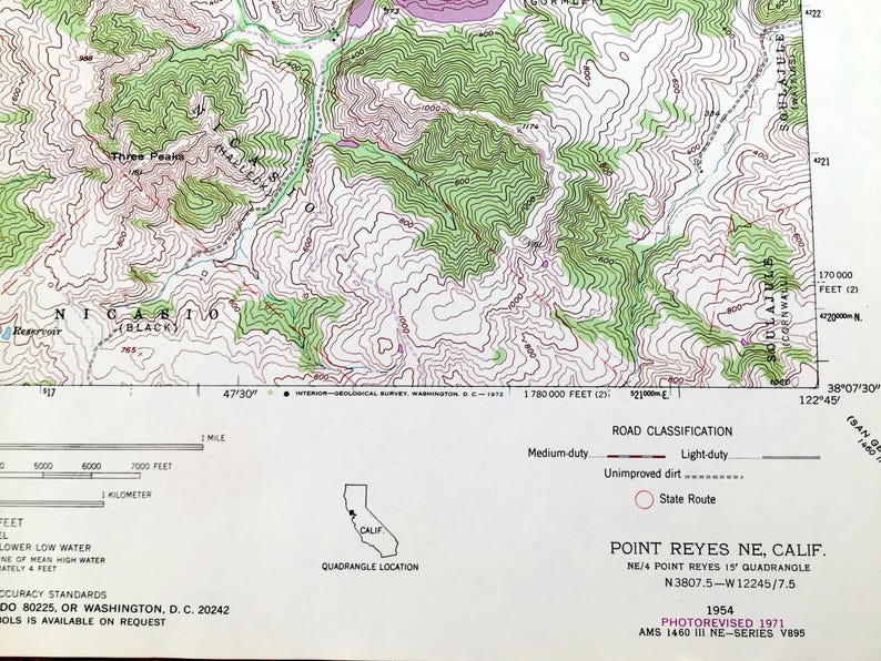 Point Reyes Fault Line Antique Point Reyes NE, California 1954 US Geological Survey ...