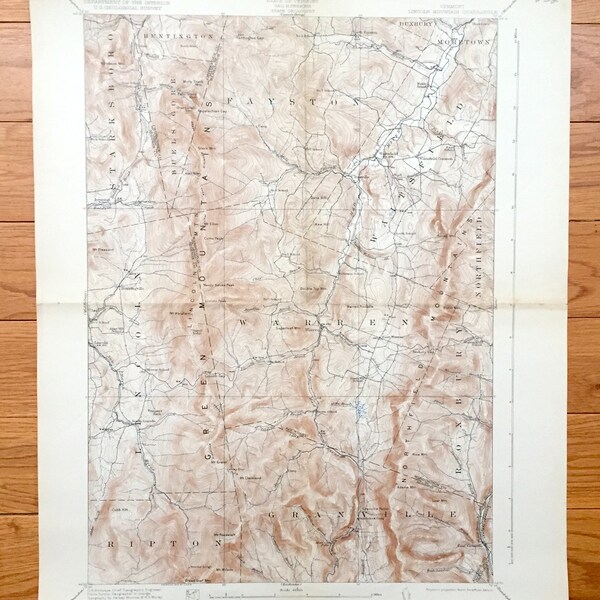 Antique Lincoln Mountain, Vermont 1921 US Geological Survey Topographic Map – Huntington, Waitsfield, Warren, Granville, Mad River Glen Ski