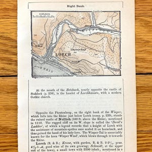 Antike 1911 Lorch am Rhein, Deutschland Karte von Baedekers' Atlas-Führer Atlas – Hessen, Dartemberg, Hessen, die Rheinschlucht, Rheingau-Taunus-Kreis