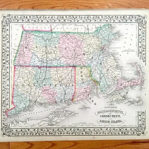 Antica mappa della contea del New England del 1871 di S. Augustus Mitchell – Massachusetts Connecticut Rhode Island Cape Cod Marthas Vineyard Stato di Boston