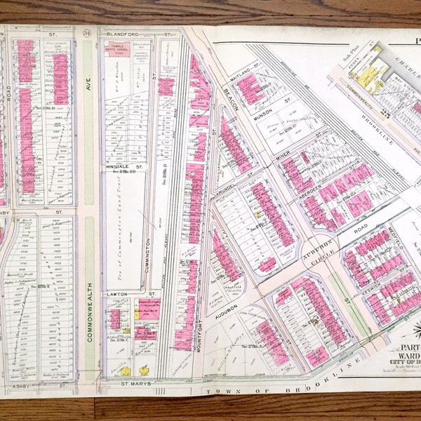 Antique 1908 Fenway-Kenmore, Boston, Massachusetts Map from GW Bromley Atlas – Suffolk County, Brookline, Audubon Circle, Longwood, City MA