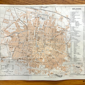 Antique 1913 Bologne, Italie Carte de Baedekers Guide – Piazza Maggiore, Émilie-Romagne, Bolognina, San Petronio, Margherita, Comunale