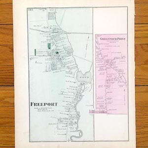 Antike 1873 Freeport, Greenwich Point, Hempstad, New York Karte von F.W. Beers Atlas von Long Island - Nassau County, Woodhaven, Jamaika NY
