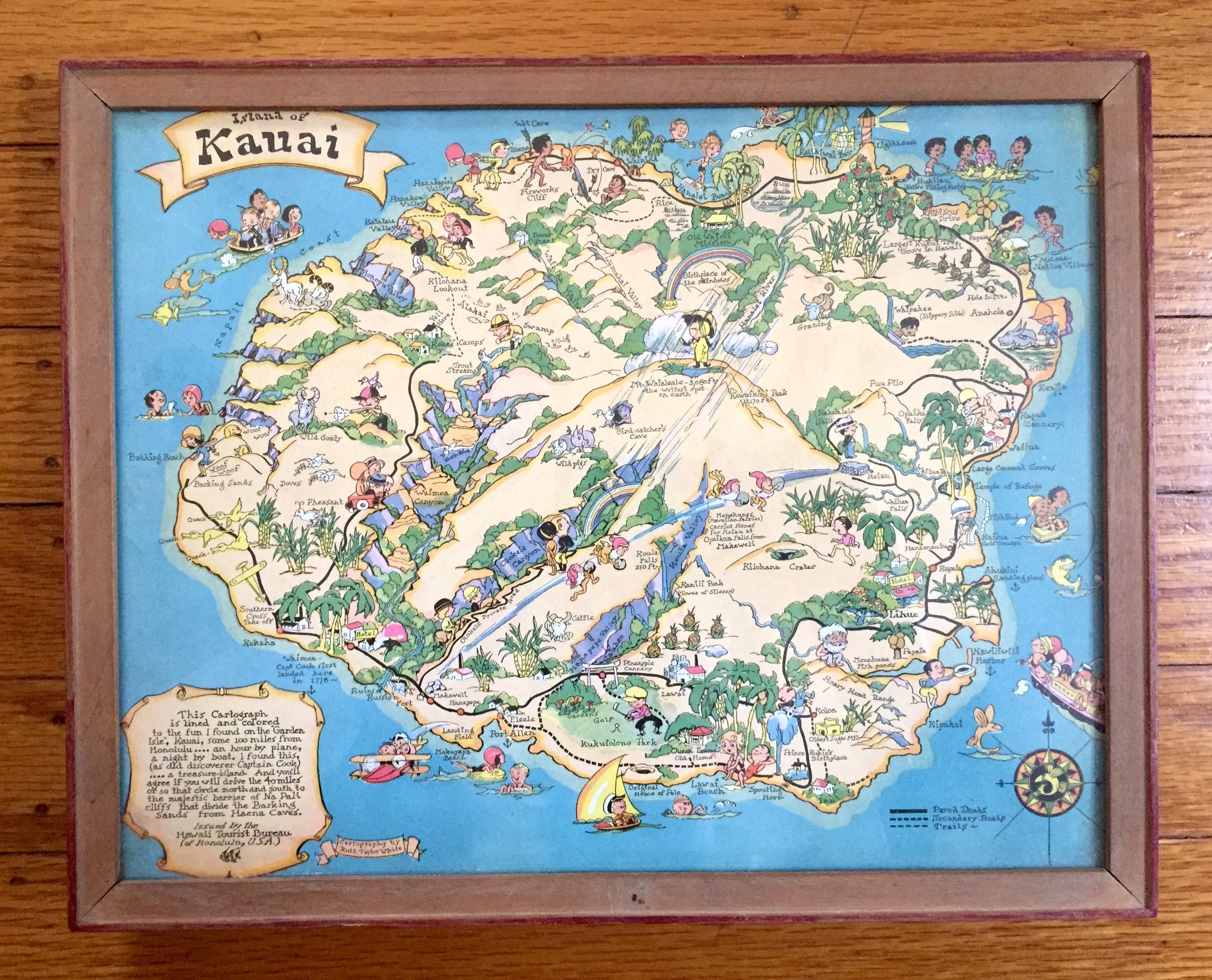 Antique 1931 Island of Kauai, Hawaii Map by Ruth Taylor