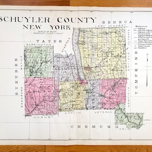 Antique Schuyler County, New York 1912 New Century Atlas Map – Watkins Glen, Burdett, Odessa, Montour Falls Tyrone Beaver Dam Seneca Lake NY