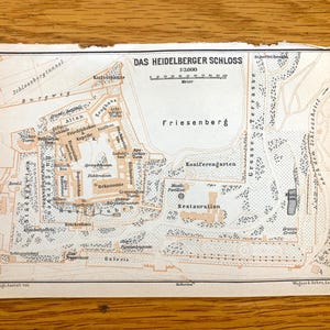 Antike 1911 Heidelberger Schloss, Deutschland Karte von Baedekers Atlas Atlas – Baden-Württemberg, Heidelberger Schloss, Renaissance, Ruinen
