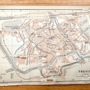 Antik 1904 Trevi, Italien Karte von Baedekers Guide – Venetien, Piazza dei Signori, Palazzo dei Trecento, Fontana Tette, Fiume Sile