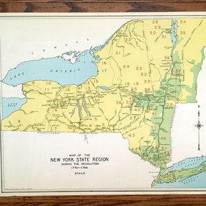 Antieke 1941 New York Revolutionary Wartime Map van WP Munger's Historische Atlas van de staat New York - Manhattan, Long Island, Adirondacks NY