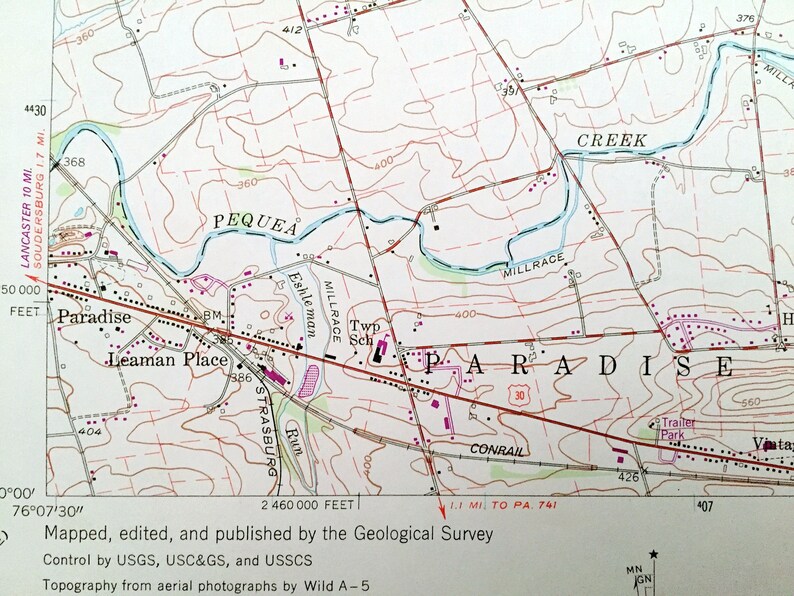 Op de afbeelding: Een vintage kaart van Paradise, Pennsylvania, die de locatie van Leaman Place, Strasburg Run en Millrace Creek laat zien. De kaart bevat ook de tekst "Mapped, edited, and published by the Geological Survey".