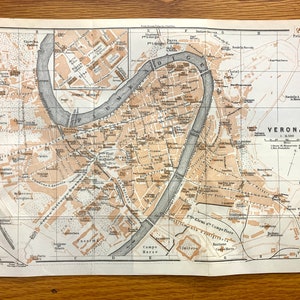 Mapa antiguo de Verona, Italia de 1913 de la Guía Baedekers: Véneto, San Zino, Borgo Trento, Veronetta, Fiume Adige, Cittadella, Romeo y Julieta