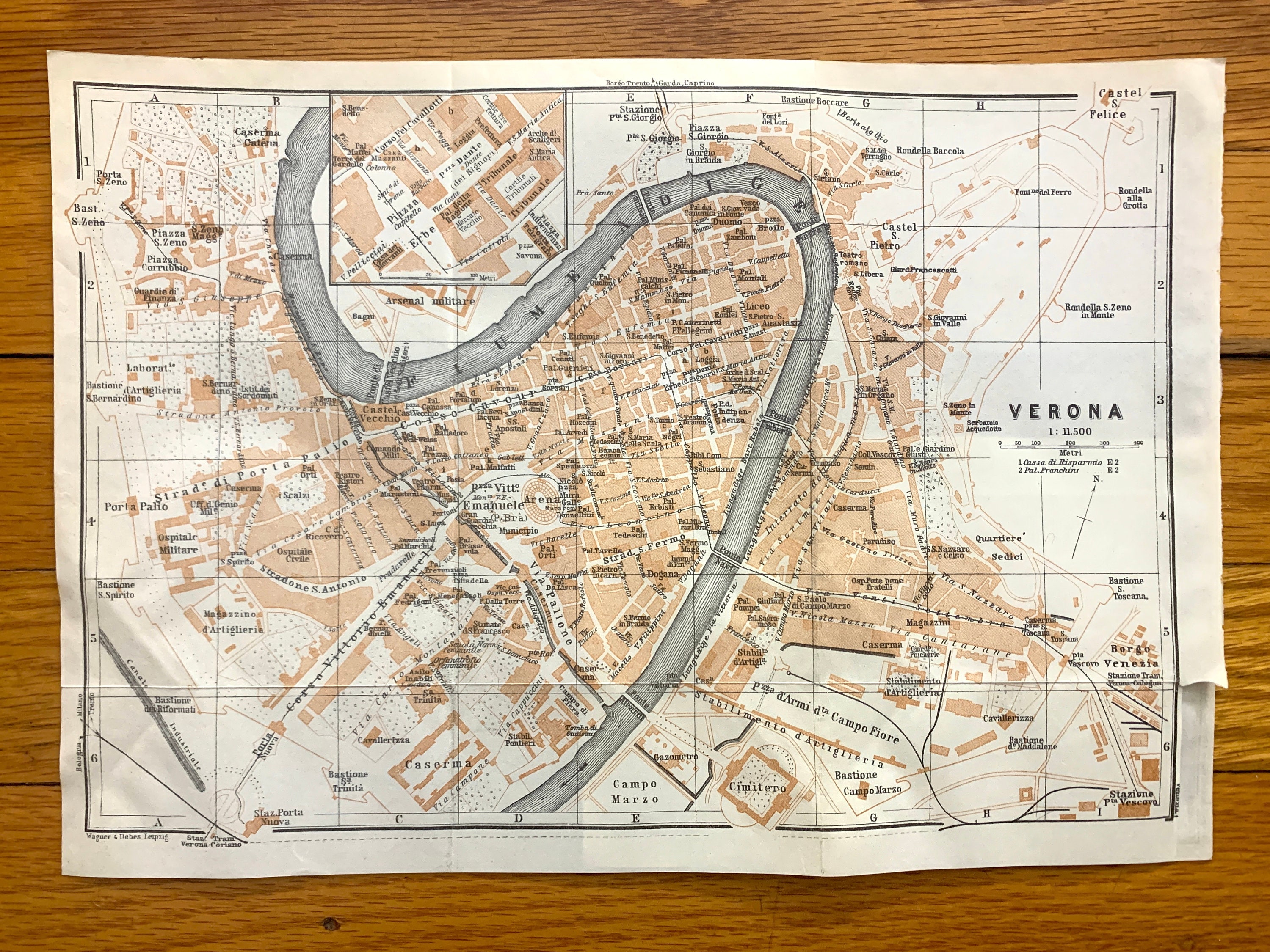 Antique 1913 Verona, Italy Map From Baedekers Guide – Veneto, San
