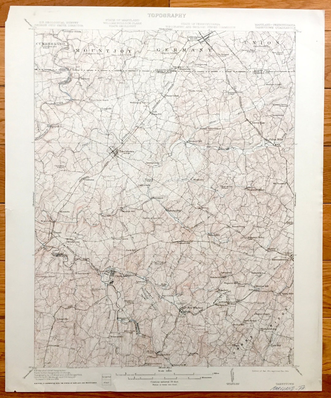 Antique Taneytown, Maryland 1911 US Geological Survey Topographic Map