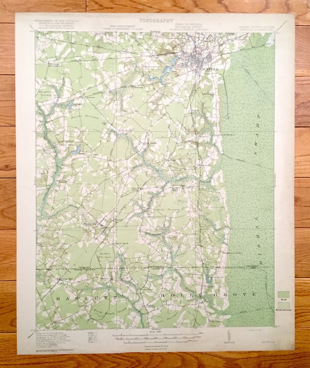 Antique Suffolk, Virginia 1919 US Geological Survey Topographic Map