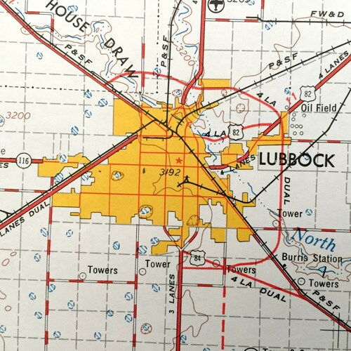 Antique Lubbock, Texas 1954 US Geological Survey Topographic Map