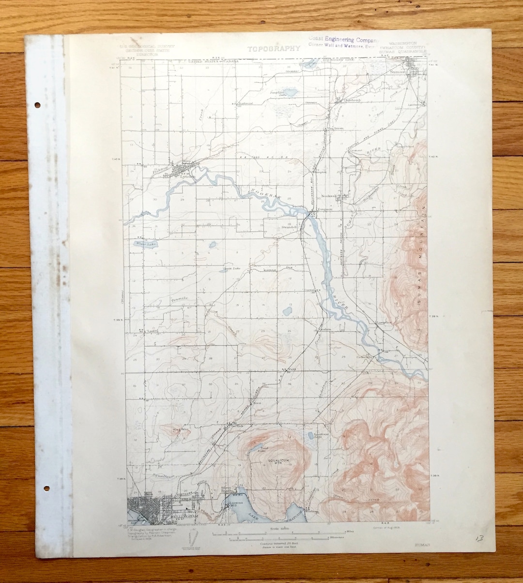Antique Sumas, Washington 1908 US Geological Survey Topographic Map County, Bellingham