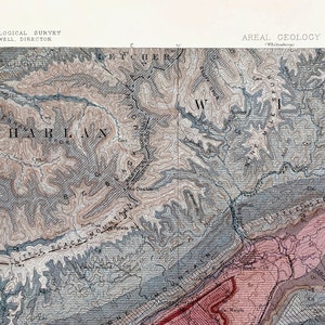 Puede incluir: Un mapa topogr&aacute;fico en blanco y negro del &aacute;rea de Harlan, Kentucky. El mapa muestra la ubicaci&oacute;n de monta&ntilde;as, r&iacute;os y otras caracter&iacute;sticas geogr&aacute;ficas. El mapa est&aacute; titulado "U.S. Geological Survey" y "Areal Geology".