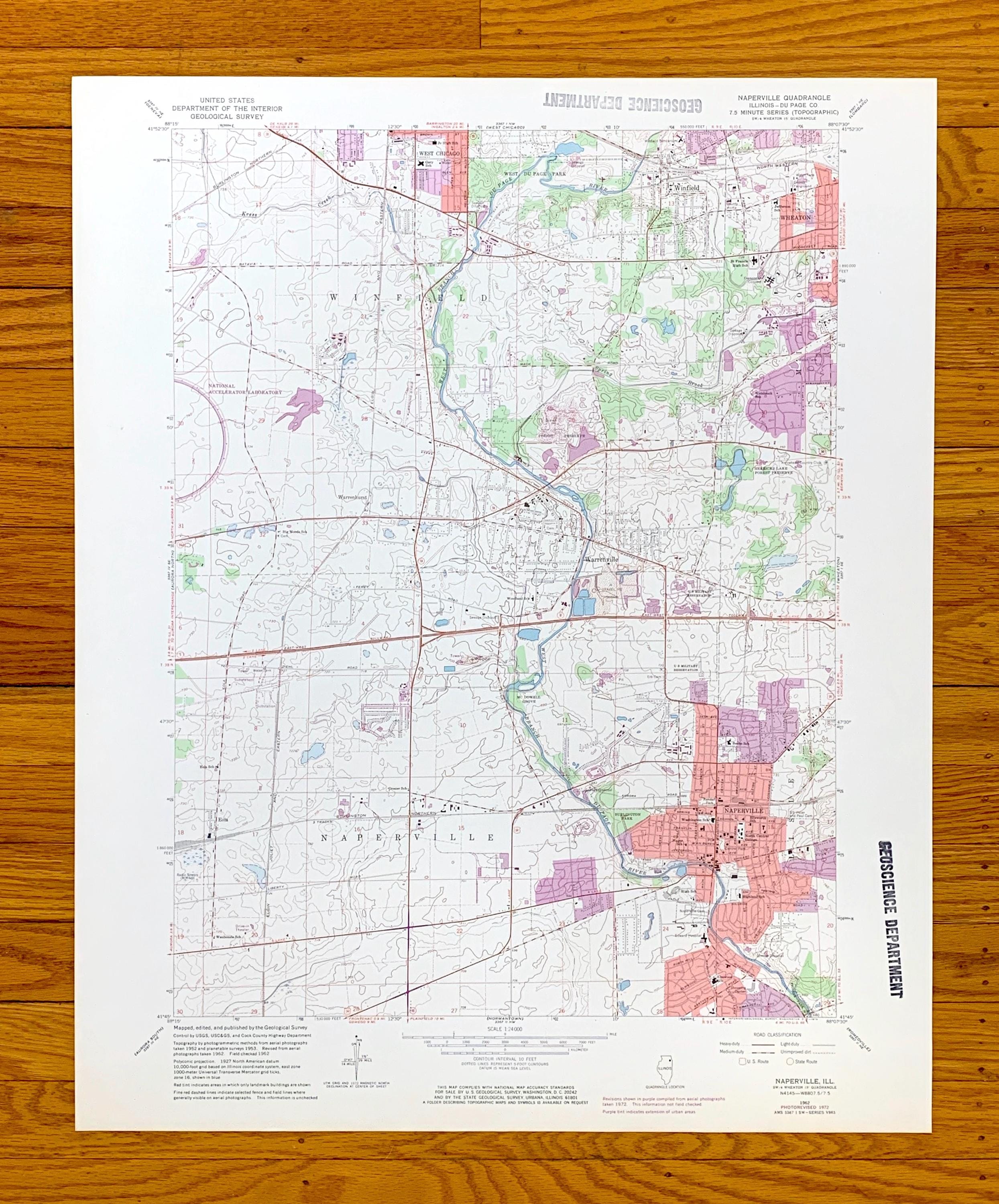 アンティーク ネイパービル、イリノイ州 1962 年米国地質調査所地形図