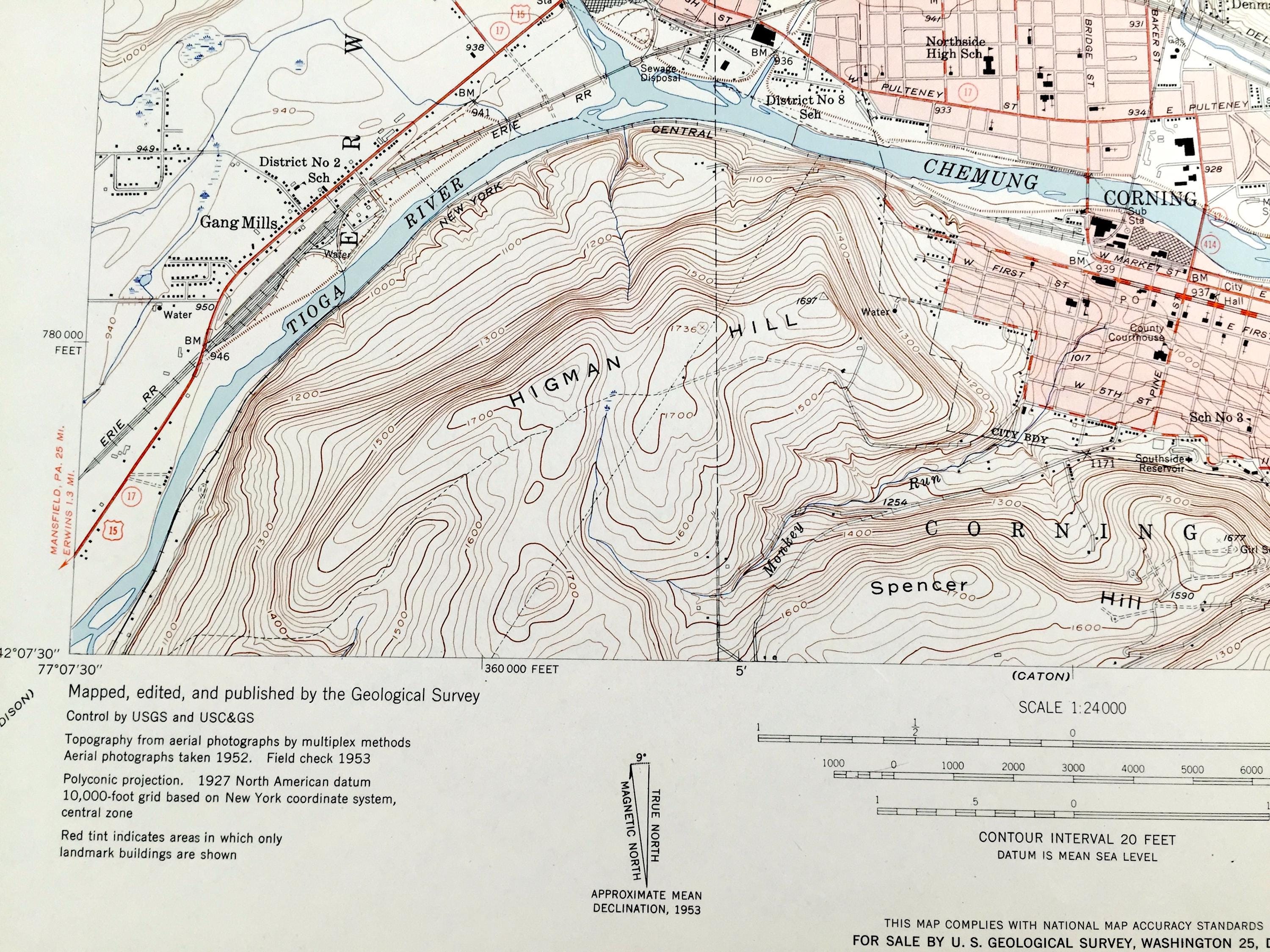 Antique Corning, New York 1953 US Geological Survey Topographic Map ...