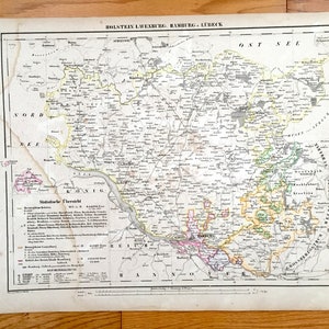 Antik 1855 Holstein, Lauenburg, Hamburg, Lübeck Karte von Sohr Berghaus Atlas von Carl Flemming – Deutschland, Altona, Stade, Kiel, Bad Oldesloe