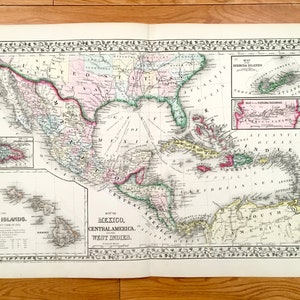 Antica mappa del Messico, America Centrale e Indie occidentali del 1871 di S. Augustus Mitchell - Stati Uniti, Caraibi, Cuba, Bermuda, Costa Rica, Keys