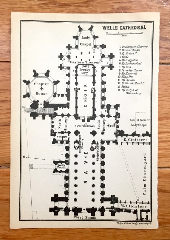 ビンテージ　建築設計図　チェコ　教会　アンティーク　紙もの　希少　フランス アンティークの 1927 年ウェルズ大聖堂建築設計図、ベデカーズ