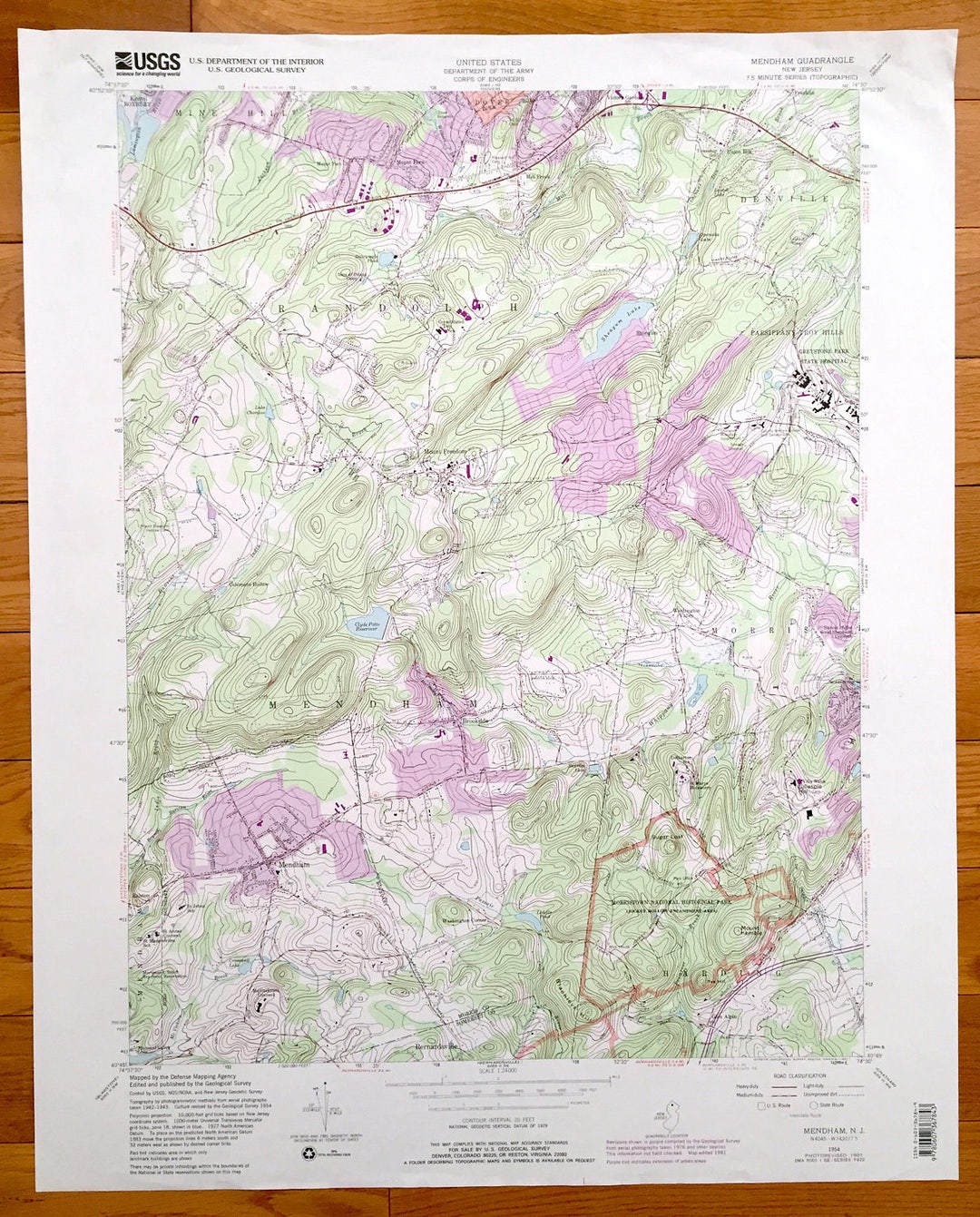Antique Mendham, New Jersey 1954 US Geological Survey Topographic Map