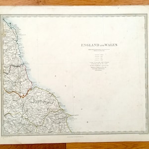 Antike 1845 England and Wales Karte von SDUK Atlas – Bridlington, Hartlepool, York, Sunderland, Druridge Bay, Scarborough, United Kingdom UK