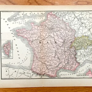 Antique 1895 Francia Mapa por Rand McNally – París, Versalles, Lyon, Niza, Marsella, Canal de la Mancha, Río Sena, Suiza, Córcega
