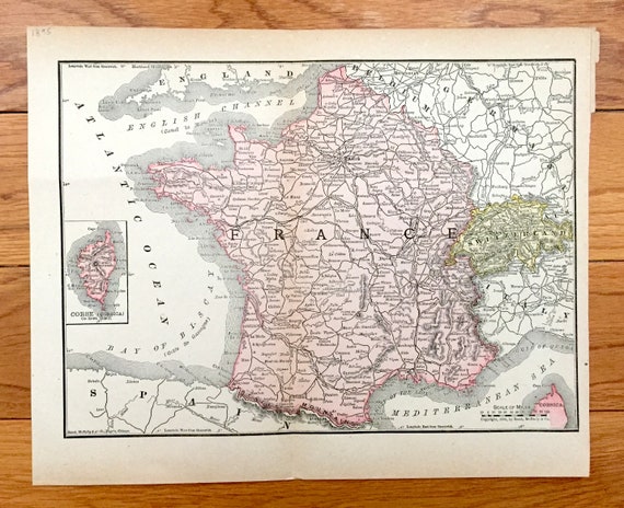 Antique 1895 France Map by Rand Mcnally – Paris, Versailles, Lyon