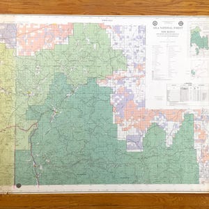 May include: A large, detailed map of Gila National Forest in New Mexico, featuring a variety of colors including green, orange, and purple. The map includes text indicating the forest's name and other details. The map is mounted on a white background.