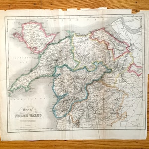 Mapa antiguo de 1836 del norte de Gales por John Bartholomew – Reino Unido, Cymru, Snowdonia, Anglesey, Gwynedd, Wrexham, Conwy, Powys, Rhyl, Reino Unido