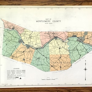 Antike Montgomery County, New York 1941 Historische Atlas Karte – Fonda, St. Johnsville, Amsterdam, Canajoharie, Charleston, Vier Ecken, NY