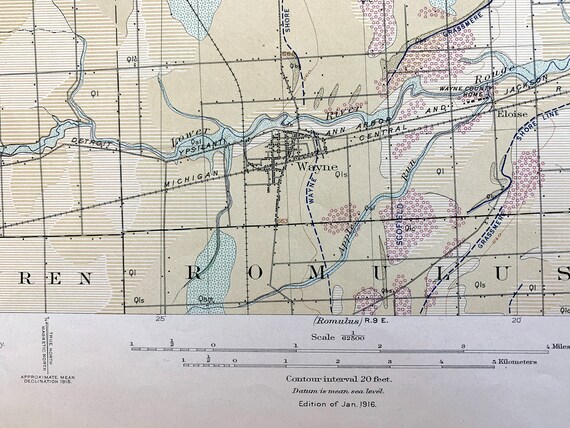 アンティーク ウェイン、ミシガン州 1916 年米国地質調査所地形図
