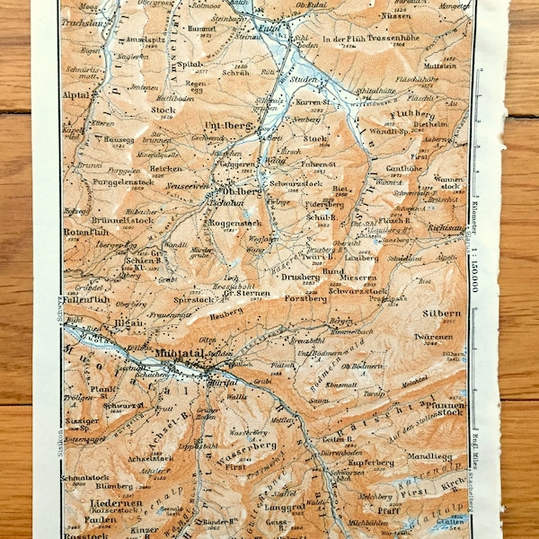 Antique 1913 Muotatal (Muotathal), Switzerland Map from Baedekers Guide Atlas – Unt-Iberg, Ob-Iberg, Oberiberg, Iberg, Wasserberg