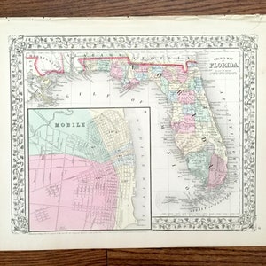 Mapa antigo do estado da Flórida de 1867, de S. Augustus Mitchell - Miami, Orlando, Tampa Bay, Jacksonville, São Petersburgo, Augustine, Keys, West, FL