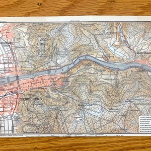 Antique 1911 Heidelberg, Germany Map from Baedekers Guide Atlas – Baden-Württemberg, Neuenheim, Konigstuhl, Zeigelhausen, Neckar River