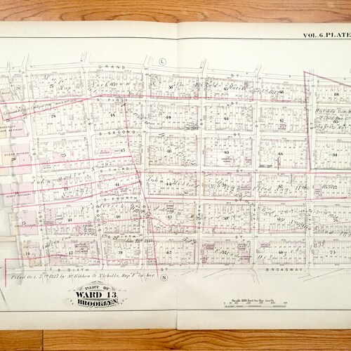 Antique Williamsburg, Brooklyn 1880 GM Hopkins Atlas Map – New York City, East River Waterfront, Kent, Wythe, Berry, Bedford shops Avenue NY NYC