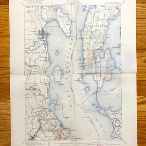 Antik topografisk karta från Plattsburgh, New York från 1906, amerikansk geologisk undersökning – Burlington, Lake Champlain, Port Kent, Hero Island, Vermont, NY, VT