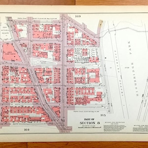 Antique Manhattan, Nueva York Mapa de Bromley's 1955 Manhattan Land Book – Highbridge Park, Fort Washington Heights, Harlem River NYC NY