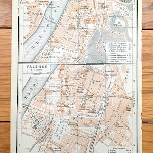 Antiguo 1914 Vienne y Valence, Francia Mapa de Baedekers Guía Atlas – Río Ródano, río Gere, departamento de Isere, castillo medieval, cuevas