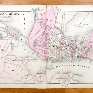 Antike 1871 Portland, Maine Karte von FW Beers Atlas von Cumberland County - Deering, Cape Elizabeth, Knightville, Ferry Village, Ligonia ME